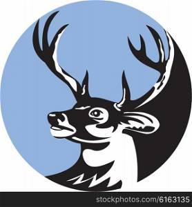 Illustration of a whitetail deer buck stag head looking to the side set inside circle done in retro style. . Whitetail Deer Buck Head Circle Retro