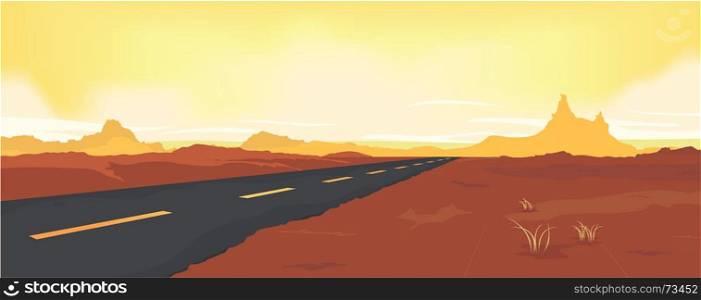 Illustration of a wide desert landscape road background for summer or spring seasons advertising. Summer Desert Road
