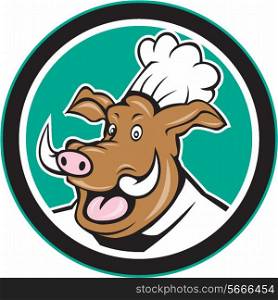 Illustration of a wild pig boar chef cook head set inside circle on isolated background done in cartoon style.. Wild Pig Boar Chef Cook Head Circle Cartoon
