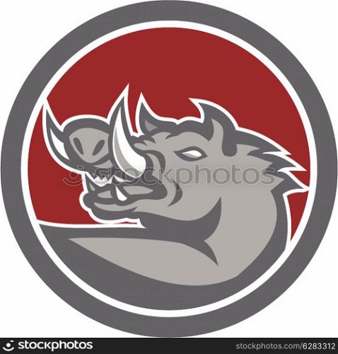 Illustration of a wild pig boar razorback head looking up viewed from front on isolated background done in retro style set inside circle.. Razorback Head Looking Up Circle