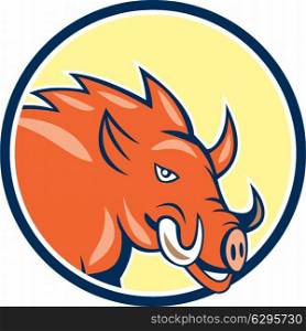 Illustration of a wild pig boar razorback head ready to charge set inside circle on isolated background done in cartoon style. . Razorback Head Charge Circle Cartoon