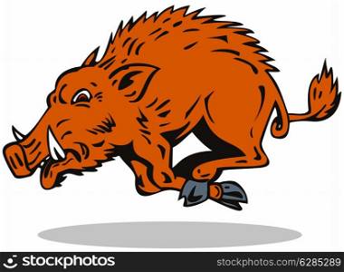 Illustration of a wild pig boar razorback jumping on isolated background done in retro style.