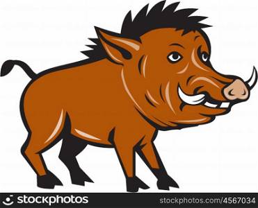Illustration of a wild pig boar razorback viewed from the side set on isolated white background done in cartoon style. . Razorback Side Cartoon