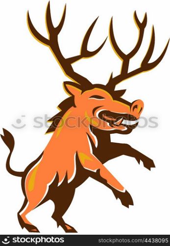 Illustration of a wild pig boar razorback with antlers prancing viewed from front set on isolated white background done in retro style. . Razorback Antlers Prancing Retro