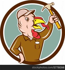 Illustration of a wild turkey builder holding clutching hammer looking to the side set inside circle done in cartoon style on isolated background.. Turkey Builder Hammer Circle Cartoon