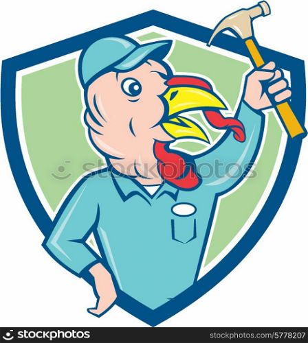Illustration of a wild turkey builder holding clutching hammer looking to the side set inside shield crest done in cartoon style on isolated background.. Turkey Builder Hammer Shield Cartoon