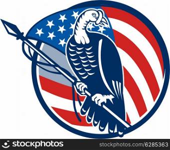 Illustration of a wild turkey perching on American stars and stripes flag set inside circle done in retro style on isolated white background.. Wild Turkey Perching American Flag