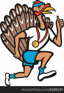 Illustration of a wild turkey run trot running runner thumbs up done in cartoon style on isolated white background. Turkey Run Runner Thumb Up Cartoon