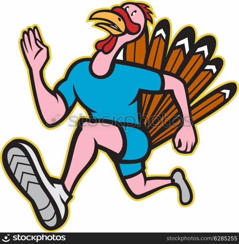 Illustration of a wild turkey run trot running runner viewed from side done in cartoon style on isolated white background. Turkey Run Runner Side Cartoon Isolated