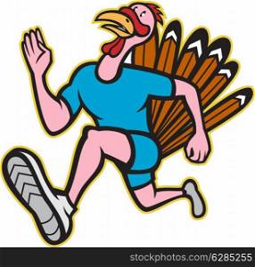 Illustration of a wild turkey run trot running runner viewed from side done in cartoon style on isolated white background. Turkey Run Runner Side Cartoon Isolated