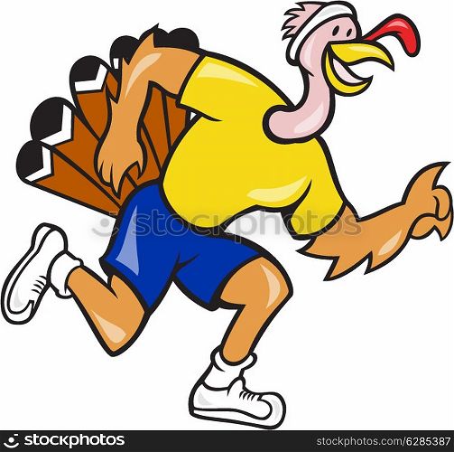 Illustration of a wild turkey run trot running runner viewed from side done in cartoon style on isolated white background.. Turkey Run Runner Side Cartoon