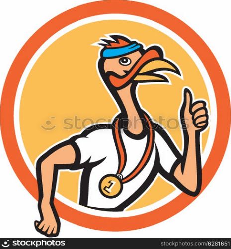 Illustration of a wild turkey runner running thumbs up with medal set inside circle done in cartoon style on isolated background.. Turkey Runner Thumbs Up Cartoon