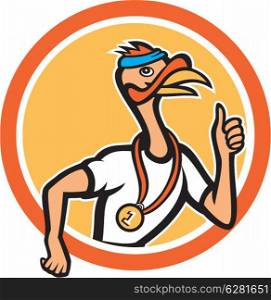 Illustration of a wild turkey runner running thumbs up with medal set inside circle done in cartoon style on isolated background.. Turkey Runner Thumbs Up Cartoon