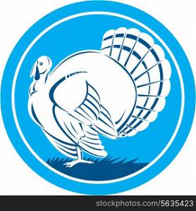 Illustration of a wild turkey standing facing side on isolated background set inside circle done in retro style.. Wild Turkey Side View Circle Retro