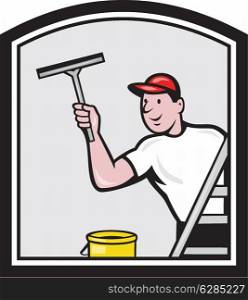 Illustration of a window cleaner cleaning a window with squeegee viewed from rear angle set inside shield on isolated background done in retro style.. Window Washer Cleaner Cartoon