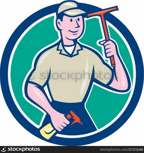Illustration of a window washer cleaner holding squeegee and spray viewed from front set inside circle on isolated background done in cartoon style. Window Washer Cleaner Squeegee Cartoon