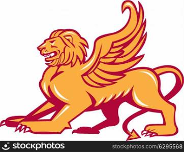 Illustration of a winged lion big cat or the lion of St. Mark viewed from side ready to pounce on isolated background.. Winged Lion Side Retro
