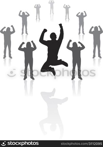 Illustration of a winning business team rejoicing spread in a circle
