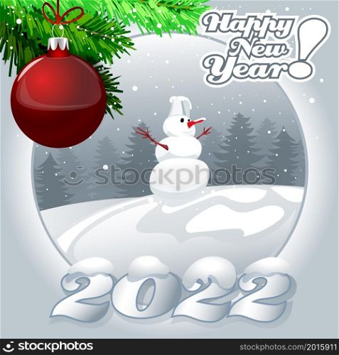Illustration of a winter Christmas landscape with a snowman in the center and a New Year toy. Illustration of a winter Christmas landscape with a snowman in the center and a New Year toy.
