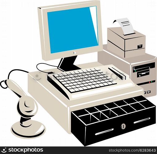 Illustration of a wired computer mouse connected to cash register with drawer open done in retro style.. Computer Cash Register