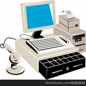 Illustration of a wired computer mouse connected to cash register with drawer open done in retro style.. Computer Cash Register