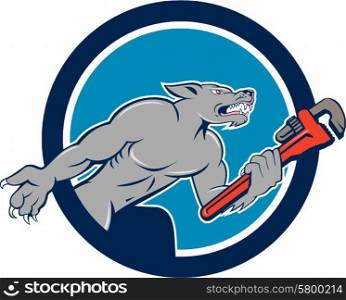 Illustration of a wolf plumber holding monkey wrench viewed from side set on isolated background inside circle done in cartoon style. . Wolf Plumber Monkey Wrench Circle Cartoon
