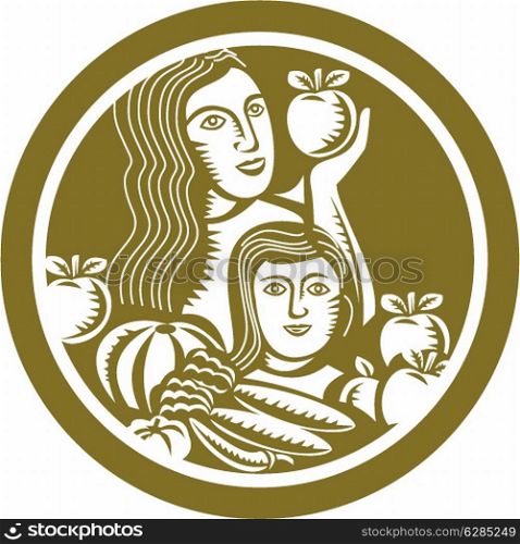 Illustration of a woman and child holding apples with fruits and vegetables set inside a circle done in retro style. . Woman Child Holding Apples Fruits Vegetables Circle Retro