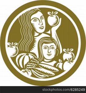 Illustration of a woman and child holding apples with fruits and vegetables set inside a circle done in retro style. . Woman Child Holding Apples Fruits Vegetables Circle Retro