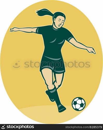 illustration of a woman girl playing soccer kicking the ball cartoon style. soccer player woman kicking ball