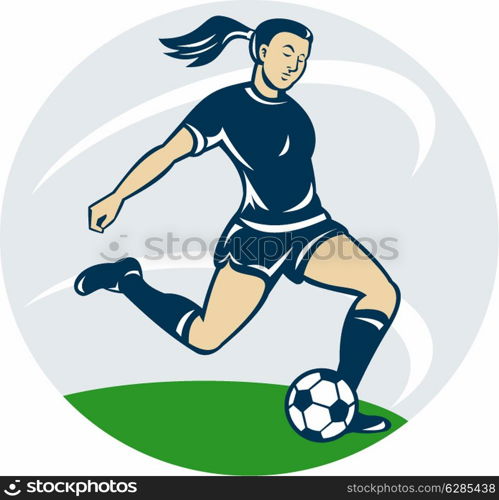 illustration of a woman girl playing soccer kicking the ball cartoon style. soccer player woman kicking ball