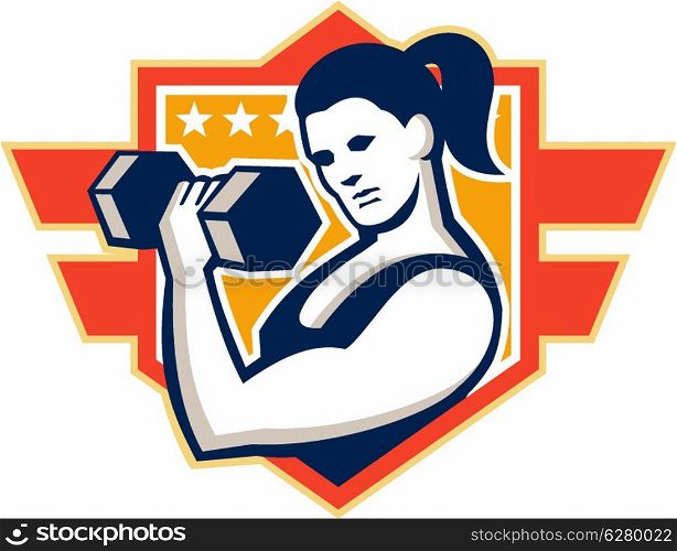 Illustration of a woman lifting dumbbell weight training set inside shield crest shape done in retro style.. Woman Lifting Lifting Dumbbell Retro
