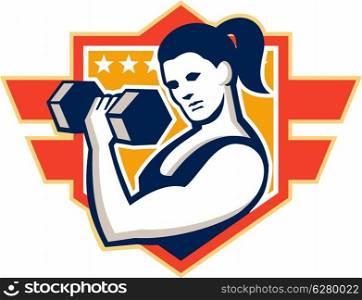 Illustration of a woman lifting dumbbell weight training set inside shield crest shape done in retro style.. Woman Lifting Lifting Dumbbell Retro