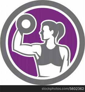 Illustration of a woman lifting dumbbell weights with one hand looking to the side set inside circle on isolated background done in retro style.. Woman Lifting Dumbbell Weight Retro