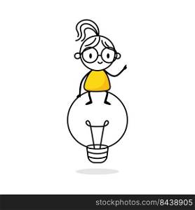 Illustration of a woman sitting on top of a big light bulb. Creativity and idea concept. Hand drawn doodle stickman isolated on white background. Vector stock illustration.