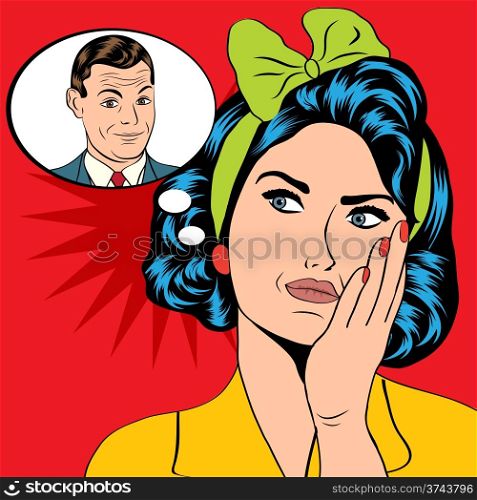 illustration of a woman who thinks a man in a pop art style, vector format