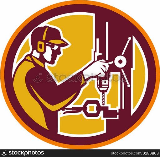 Illustration of a worker at work drilling with drill press viewed from side set inside circle done in retro style on isolated background.. Worker Drilling Drill Press Retro Circle
