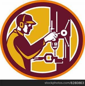 Illustration of a worker at work drilling with drill press viewed from side set inside circle done in retro style on isolated background.. Worker Drilling Drill Press Retro Circle