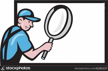 Illustration of a worker holding looking into a magnifying glass on billboard on isolated background done in cartoon style.. Worker Magnifying Glass Billboard Cartoon