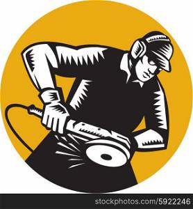 Illustration of a worker wearing hat and ear muffs holding angle grinder working viewed from side set inside circle done in retro woodcut style.