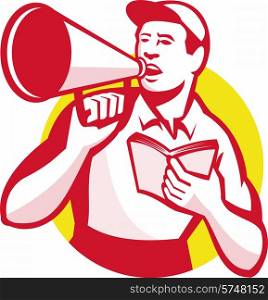 Illustration of a worker with bullhorn and book shouting set inside circle done in retro style.