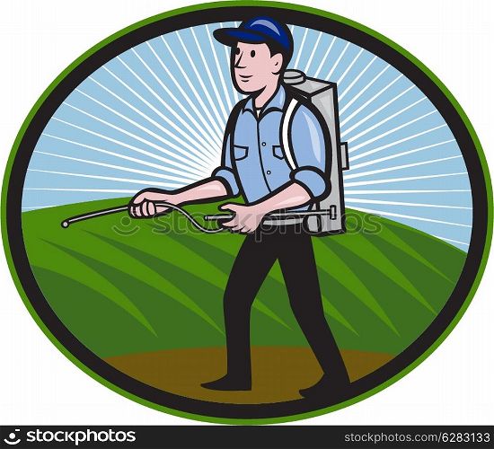 Illustration of a worker with fertilizer sprayer pump spraying set inside oval done in cartoon style.