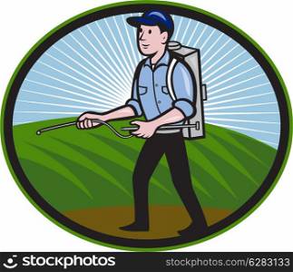 Illustration of a worker with fertilizer sprayer pump spraying set inside oval done in cartoon style.