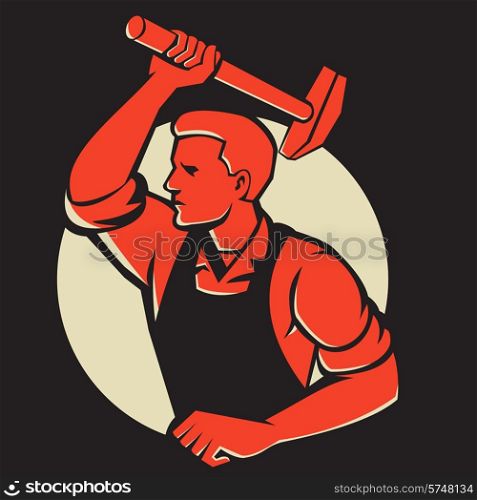 Illustration of a worker with hammer striking viewed from side done in retro style.. Worker With Hammer Striking Retro