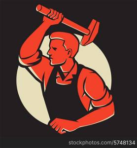 Illustration of a worker with hammer striking viewed from side done in retro style.. Worker With Hammer Striking Retro