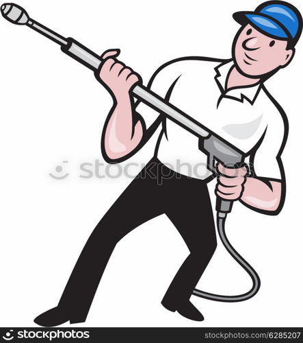 Illustration of a worker with water blaster pressure power washing sprayer spraying set inside circle done in cartoon style.&#xA;