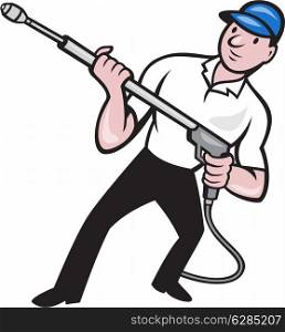 Illustration of a worker with water blaster pressure power washing sprayer spraying set inside circle done in cartoon style.&#xA;
