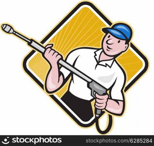 Illustration of a worker with water blaster pressure power washing sprayer spraying set inside circle done in cartoon style.&#xA;&#xA;