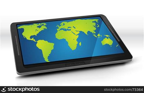 Illustration of a world map inside the screen of an elegant tablet pc
