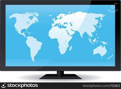 Illustration of a world map inside wide flat computer or Tv screen. Vector eps and high resolution jpeg files included. Imaginary model of flat screen not made from any real existing copyrighted product. World Map On Flat Screen