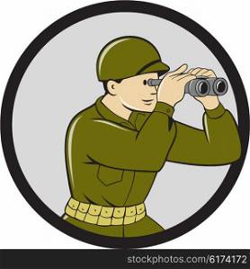 Illustration of a World War One American soldier serviceman looking through the binoculars viewed from the side set inside circle done in cartoon style. . World War Two American Soldier Binoculars Circle Cartoon